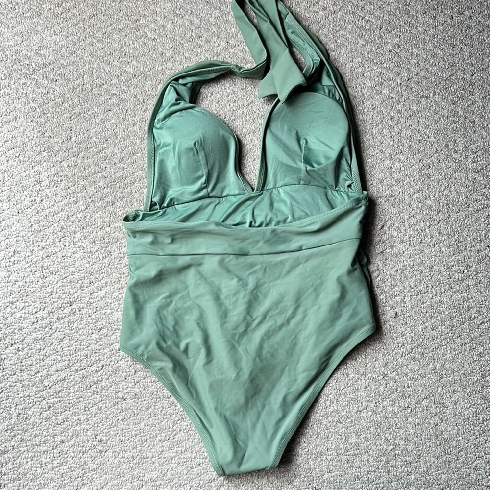 Cupshe Sage Green Halter Ruched One-Piece Swimsuit